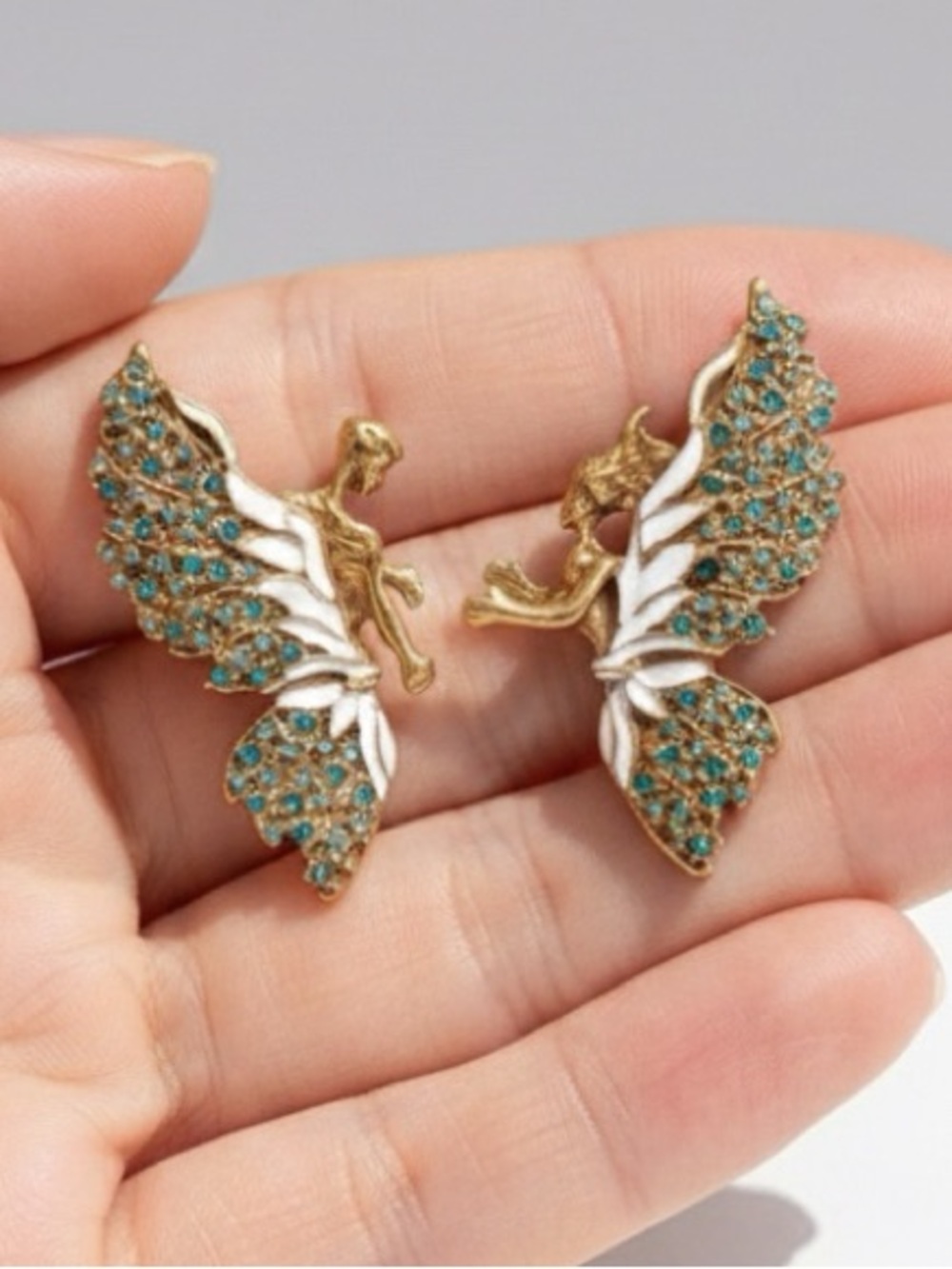 Gold-tone Fairy Wing Stud Earrings with Teal Crystals/ STATEMENT EARRINGS